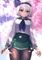 Rule 34 | 1girl, alternate costume, arms at sides, black headwear, black neckwear, blunt bangs, blush, bob cut, breasts, cherry blossoms, closed mouth, commentary request, darumoon, dot nose, eyelashes, ghost, green eyes, green skirt, highres, hitodama, hitodama print, konpaku youmu, konpaku youmu (ghost), large breasts, long sleeves, looking at viewer, miniskirt, pantyhose, petals, sailor collar, school uniform, short hair, skirt, smile, solo, standing, thighs, touhou, tree