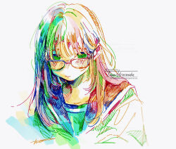 Rule 34 | 1girl, artist name, closed mouth, colorful, commentary request, glasses, highres, long hair, looking at viewer, looking over eyewear, marker (medium), original, pen (medium), sailor collar, sailor shirt, school uniform, serafuku, shirt, signature, simple background, solo, traditional media, upper body, watanabe tomari, watermark, white background