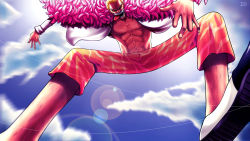 Rule 34 | 1boy, abs, blonde hair, cloud, cloudy sky, day, donquixote doflamingo, earrings, highres, jewelry, lens flare, long sleeves, male focus, navel, one piece, open clothes, open shirt, shirt, short hair, sky, solo, string, sunglasses, tongue, zhang ding