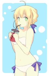 Rule 34 | 1girl, 87banana, ahoge, artoria pendragon (all), artoria pendragon (fate), bare arms, bare shoulders, bikini, blonde hair, braid, breasts, cup, drinking straw, fate/stay night, fate (series), green eyes, hair ribbon, long hair, midriff, navel, official alternate costume, ribbon, saber (fate), small breasts, solo, strapless, strapless bikini, swimsuit, white bikini