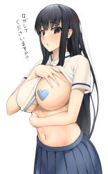 Rule 34 | 1girl, black hair, blue eyes, blue skirt, blunt bangs, blush, breast suppress, breasts, clothes lift, collared shirt, commentary request, cowboy shot, fingernails, hand on own chest, hand on own stomach, heart pasties, highres, ikaruga (senran kagura), karakari, large breasts, lifting own clothes, long hair, looking at viewer, looking to the side, navel, one breast out, panties, panty peek, parted lips, pasties, pleated skirt, raised eyebrows, see-through, senran kagura, shirt, shirt lift, short sleeves, sidelocks, sideways glance, simple background, skirt, solo, standing, stomach, sweat, translation request, underboob, underwear, very long hair, white background, white shirt