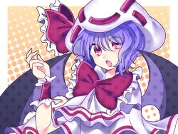 Rule 34 | :o, bat wings, blue hair, bow, curiosities of lotus asia, dot nose, dress, dress bow, hat, hat bow, large bow, pink dress, pink headwear, polka dot, polka dot background, red bow, red eyes, red wrist cuffs, remilia scarlet, touhou, tsugomori (remilia0398), upper body, wings, wrist cuffs