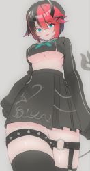 Rule 34 | 1girl, absurdres, beret, black hair, black hat, black serafuku, black skirt, black thighhighs, blue eyes, blush, breasts, chain, commentary, cowboy shot, crop top, demon girl, demon horns, demon tail, grey background, hat, highres, horns, large breasts, long sleeves, looking at viewer, mint november11, multicolored hair, nanashi inc., official alternate costume, open mouth, pleated skirt, pointy ears, red eyes, red hair, ryugasaki rene, ryugasaki rene (3rd costume), school uniform, serafuku, short hair, simple background, skirt, solo, spiked thighlet, sugar lyric, tail, thighhighs, two-tone hair, underboob, virtual youtuber