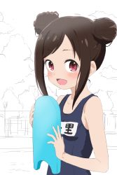 Rule 34 | 1girl, :d, bare arms, bare shoulders, blue one-piece swimsuit, blush, brown hair, cloud, cloudy sky, collarbone, commentary request, day, double bun, hair bun, highres, hitori bocchi, hitoribocchi no marumaru seikatsu, holding, kickboard, looking at viewer, name tag, old school swimsuit, one-piece swimsuit, open mouth, outdoors, partially colored, pool, red eyes, school swimsuit, sidelocks, sincos, sky, smile, solo, swept bangs, swimsuit, upper body