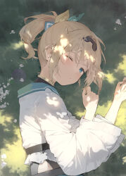 Rule 34 | 1girl, blonde hair, blue eyes, blush, closed mouth, dot nose, from side, hair between eyes, hana mori, highres, hololive, kazama iroha, kazama iroha (1st costume), looking at viewer, lying, on grass, on side, one eye closed, ponytail, sidelocks, solo, upper body, virtual youtuber, wide sleeves