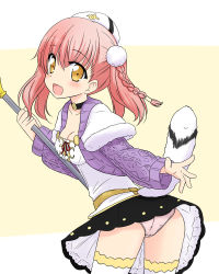 Rule 34 | 10s, 1girl, :d, ass, atelier (series), atelier escha &amp; logy, black skirt, blush, braid, breasts, choker, cleavage, clothes lift, coat, corset, escha malier, female focus, french braid, frilled skirt, frills, hair between eyes, happy, hat, holding, jewelry, kazami ruku, leaning, leaning forward, legs, looking at viewer, looking back, neck, necklace, open mouth, panties, pantyshot, pink hair, pink panties, short hair, skirt, skirt lift, smile, solo, staff, strapless, tail, thighhighs, twintails, underwear, upskirt, white thighhighs, yellow eyes