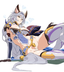 Rule 34 | 1girl, animal ears, blue hair, breasts, cleavage, earrings, erune, female pubic hair, gloves, granblue fantasy, heart, heles, jewelry, large breasts, long hair, looking at viewer, nipples, ponytail, pubic hair, puffy nipples, pussy, revision, shino (comic penguin club), sitting, solo, sweat, thighhighs, very long hair, yellow eyes