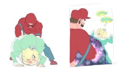 Rule 34 | 1boy, 1girl, blonde hair, blue eyes, blush, blush stickers, breasts, cleavage, comic, crown, doggystyle, double fisting, downblouse, drawfag, facial hair, fisting, full-face blush, hair over one eye, hetero, long hair, mario, mario (series), mini crown, mustache, nintendo, non-web source, off shoulder, open mouth, overalls, rosalina, sex, sex from behind, sexually suggestive, space, super mario galaxy, super smash bros., upskirt, what