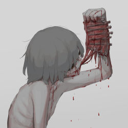 Rule 34 | 1boy, absurdres, avogado6, blood, blood on face, eating, from side, grey hair, hand up, highres, male focus, orange eyes, original, pale skin, raw meat, ribs (food), simple background, slit pupils, solo, white background