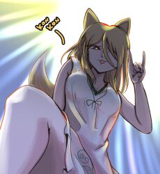 Rule 34 | 1girl, animal ears, backlighting, blonde hair, breasts, brown eyes, dr. addamelech, fox ears, fox shadow puppet, fox tail, from below, glowing, glowing eyes, green ribbon, hair between eyes, kudamaki tsukasa, leg up, looking at viewer, medium breasts, open mouth, out-of-frame censoring, ribbon, romper, sleeveless, tail, touhou, unconnected marketeers, white romper