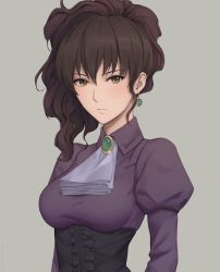 Rule 34 | 1girl, black hair, breasts, brown eyes, closed mouth, commentary, dress, earrings, english commentary, jewelry, long hair, looking at viewer, medium breasts, miura-n315, ponytail, simple background, solo, umineko no naku koro ni, upper body, ushiromiya natsuhi