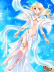 Rule 34 | 1girl, angel, angel wings, anklet, barefoot, blonde hair, blush, bracelet, breasts, censored, choker, convenient censoring, feet, jewelry, loincloth, long hair, lots of jewelry, mugen no fantasia, navel, purple eyes, solo, toe ring, topless, veil, wings, yoshino run