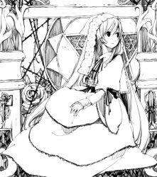 Rule 34 | 00s, 1girl, capelet, dress, greyscale, head scarf, long hair, long sleeves, looking to the side, monochrome, rin (artist), rin (royal), rozen maiden, sitting, smile, solo, suiseiseki, very long hair