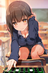 Rule 34 | &gt;:), 1girl, puff of air, abarerumidori, absurdres, arm up, blue cardigan, blue skirt, blurry, blurry background, blush, board game, breasts, brown hair, cardigan, chair, chalkboard, classroom, cleavage, collarbone, commentary request, desk, hand in own hair, highres, indoors, large breasts, lips, long sleeves, looking at viewer, medium breasts, mole, mole on neck, on desk, original, pleated skirt, reversi, school, school chair, school desk, school uniform, shirt, sitting, on desk, skirt, smile, smug, solo, tagme, uniform, yellow eyes