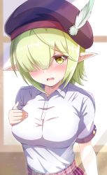 Rule 34 | 1girl, aoi (princess connect!), aoi (transfer student) (princess connect!), arm at side, beret, blush, breasts, collared shirt, green hair, hair over one eye, hand on own chest, hat, hat feather, highres, impossible clothes, impossible shirt, looking at viewer, medium breasts, medium hair, open mouth, plaid, plaid skirt, pointy ears, princess connect!, purple hat, red skirt, seiji (artman), shirt, shirt tucked in, short sleeves, skirt, solo, sunlight, sweatdrop, upper body, white shirt, yellow eyes