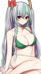 Rule 34 | 1girl, 7saki, alternate costume, bare arms, bare shoulders, bikini, blush, bow, breasts, cleavage, collarbone, ex-keine, feet out of frame, green hair, hair between eyes, horns, kamishirasawa keine, large breasts, long hair, looking at viewer, multicolored hair, red eyes, silver hair, simple background, sitting, smile, solo, swimsuit, touhou, very long hair, white background