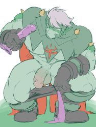Rule 34 | . ., 1boy, agatio (golden sun), bara, bare pectorals, black gloves, clothes pull, colored skin, dildo, flaccid, forehead protector, full body, gloves, golden sun, green skin, grey hair, highres, holding, imminent anal, imminent penetration, large pectorals, leaning forward, male focus, mature male, monster boy, muscular, muscular male, navel, nipples, nude, pants, pants pull, pectorals, penis, piikeisandaa, pointy ears, scales, sex toy, short hair, solo, spikes, thick eyebrows, thick thighs, thighs, uncensored, unfinished