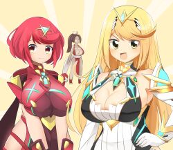 Rule 34 | 3girls, blonde hair, blush, bodysuit, breasts, brown hair, chest jewel, cleavage, cleavage cutout, closed mouth, clothing cutout, commentary request, crossover, dress, elbow gloves, fatal fury, gloves, hand on own hip, high ponytail, large breasts, lets0020, long hair, looking at viewer, multiple girls, mythra (xenoblade), nintendo, open mouth, pelvic curtain, pyra (xenoblade), red bodysuit, red hair, shiranui mai, short hair, smash is for good boys and girls, smile, standing, super smash bros., swept bangs, tiara, unamused, upper body, v-shaped eyebrows, very long hair, white dress, white gloves, xenoblade chronicles (series), xenoblade chronicles 2, yellow background, yellow eyes