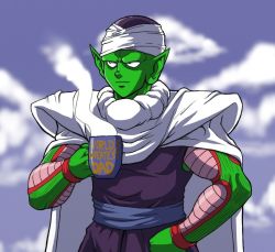 Rule 34 | 1boy, blue sky, cape, casual, cloud, cloudy sky, colored skin, cup, dragon ball, dragonball z, english text, garththedestroyer, green skin, hand on own hip, hat, male focus, mug, muscular, outdoors, piccolo, pointy ears, shoulder pads, sky, smile, solo, steam, turban, upper body