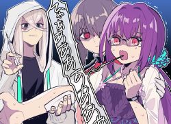 Rule 34 | 1boy, 2girls, asclepius (fate), asclepius (summer rescue) (fate), crossed bangs, fate/grand order, fate (series), florence nightingale (fate), glasses, gradient background, green eyes, grey hair, highres, kimidorix32, long hair, multiple girls, pink hair, purple hair, red eyes, scathach (fate), scathach skadi (fate), scathach skadi (swimsuit ruler) (fate), scathach skadi (swimsuit ruler) (second ascension) (fate), shaded face, sweat, sweater, syringe, wavy mouth