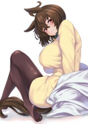 Rule 34 | 1girl, agnes tachyon (umamusume), ahoge, animal ears, black necktie, blush, breasts, brown eyes, brown hair, brown pantyhose, closed mouth, coat, from side, full body, highres, hisagi (hisagi00), horse ears, horse girl, horse tail, large breasts, long sleeves, looking at viewer, looking to the side, medium hair, necktie, off shoulder, pantyhose, simple background, sitting, smile, solo, sweater, tail, tie clip, umamusume, white background, white coat, yellow sweater