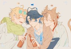 3boys :3 ahoge animal_ears arknights bandaged_arm bandages black_bandages black_hair black_streaks blue_hair blue_vest blush bottle brown_hair brown_jacket camera_pov cat cat_boy cat_ears chinese_commentary closed_eyes closed_mouth collarbone commentary_request dog dog_boy dog_ears ear_piercing earpiece earrings eyewear_on_head fish fish_boy freckles glasses green-tinted_eyewear green_scarf hair_between_eyes hand_up highres holding holding_bottle hug hug_from_behind jacket jewelry leaning_forward long_sleeves lumen_(arknights) male_focus messy_hair multiple_boys necklace open_clothes open_jacket piercing pointy_ears ponytail red_ribbon ribbon scales scarf smile stainless_(arknights) sunglasses sweater tequila_(arknights) tinted_eyewear tongue tongue_out upper_body vest whiskers white_background white_jacket white_scarf white_sweater yellow_eyes yuesheng965