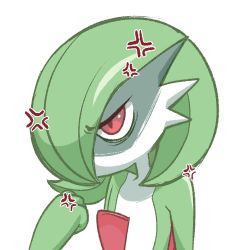 Rule 34 | 1girl, anger vein, angry, bags under eyes, bob cut, clenched hand, colored skin, creatures (company), female focus, flat chest, game freak, gardevoir, gen 3 pokemon, green hair, green skin, green theme, hair over one eye, half-closed eyes, hanamoru, hand up, multicolored skin, nintendo, one eye covered, pokemon, pokemon (creature), red eyes, shaded face, short hair, simple background, solo, two-tone skin, upper body, white background, white skin