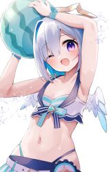 Rule 34 | 1girl, amane kanata, angel, angel wings, armpits, asymmetrical bangs, bikini, blue hair, blush, breasts, cleavage, colored inner hair, feathered wings, fragir, gradient wings, grey hair, hair ornament, halo, highleg, highleg bikini, highres, hololive, hololive summer 2023 swimsuit, long hair, looking at viewer, mini wings, multicolored hair, multicolored wings, navel, official alternate costume, one eye closed, open mouth, purple eyes, short hair, single hair intake, small breasts, smile, solo, star halo, streaked hair, striped bikini, striped clothes, swimsuit, virtual youtuber, wings