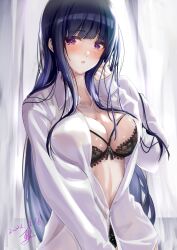 Rule 34 | 1girl, artist name, bang dream!, black bra, black hair, black panties, blunt bangs, blush, bra, breasts, cleavage, collarbone, collared shirt, commentary request, cowboy shot, curtains, dated, dress shirt, floral print, hand up, highres, indoors, lace, lace-trimmed bra, lace-trimmed panties, lace trim, large breasts, long hair, long sleeves, looking at viewer, no pants, ochi r, panties, parted lips, partially unbuttoned, print bra, print panties, purple eyes, see-through, shirokane rinko, shirt, sidelocks, signature, sleeves past wrists, solo, standing, sweat, teeth, underwear, upper teeth only, very long hair, white shirt, window