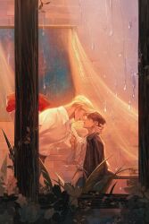Rule 34 | 2boys, absurdres, black hair, blonde hair, bouquet, erwin smith, feet out of frame, flower, from side, height difference, highres, holding, holding behind back, jewelry, l.k (lk cyz), levi (shingeki no kyojin), looking outside, male focus, multiple boys, necklace, pov, shingeki no kyojin, short hair, thick eyebrows, tree, window, yaoi