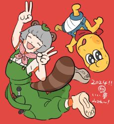 Rule 34 | 1boy, 1girl, 2024, :3, animal ears, animal nose, arched back, arm up, bald, bandana around neck, blush stickers, closed eyes, colored skin, commentary, double v, facing viewer, full body, green overalls, grey hair, hand up, highres, leaf, leaf on head, looking at viewer, mode aim, momoco (momco04), new year, open mouth, orange socks, peanuts-kun, ponpoko (vtuber), raccoon ears, raccoon girl, raccoon tail, red background, shirt, shoes, short hair, short sleeves, shorts, simple background, smile, socks, suspender shorts, suspenders, tail, topless male, twisted torso, v, virtual youtuber, white shirt, yellow skin