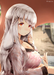 Rule 34 | 1girl, animal ears, blurry, blurry background, blush, bra, breasts, brown eyes, cleavage, closed mouth, collarbone, commentary request, hair ornament, hairclip, hand up, large breasts, lingerie, long hair, long sleeves, lop (sugiyuu), original, pink bra, pov, rabbit ears, rabbit tail, rain, see-through, sidelocks, smile, solo, sugiyuu, tail, tareme, twitter username, underwear, upper body, very long hair, wet, wet clothes, white hair