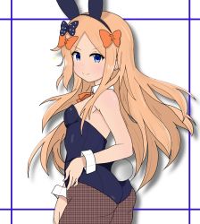Rule 34 | 1girl, abigail williams (fate), animal ears, ass, atsumisu, bad id, bad pixiv id, bare shoulders, black bow, black hairband, blonde hair, blue eyes, blush, bow, brown pantyhose, closed mouth, collar, commentary request, detached collar, fake animal ears, fate/grand order, fate (series), fishnet pantyhose, fishnets, forehead, hair bow, hairband, highres, leotard, long hair, looking at viewer, looking back, orange bow, pantyhose, parted bangs, playboy bunny, polka dot, polka dot bow, rabbit ears, rabbit tail, shadow, smile, solo, tail, v-shaped eyebrows, very long hair, white collar, wrist cuffs
