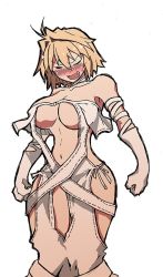 Rule 34 | !?, ..., 1girl, arcueid brunestud, bare shoulders, blonde hair, blush, breasts, center opening, choker, closed eyes, collarbone, cosplay, cowboy shot, curvy, dress, embarrassed, fang, fate/grand order, fate (series), female focus, gloves, hair intakes, large breasts, legs together, no bra, no panties, nose blush, revealing clothes, ribbon-trimmed dress, short hair, side-tie dress, simple background, solo, standing, strapless, strapless dress, sweatdrop, tententensan, tsukihime, underboob, white background, white choker, white dress, white gloves, yu mei-ren (fate), yu mei-ren (fate) (cosplay)