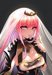 Rule 34 | 1girl, armpit peek, artist name, black background, black nails, blunt bangs, breasts, cape, cleavage, cleavage cutout, clothing cutout, colored inner hair, highres, hololive, hololive english, large breasts, minxei, mori calliope, multicolored hair, nail polish, pink hair, purple eyes, purple hair, solo, spikes, tiara, veil, virtual youtuber, watermark