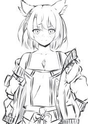 Rule 34 | 1girl, absurdres, animal ear fluff, animal ears, bare shoulders, braid, breasts, cat ears, chest jewel, cleavage, closed mouth, collarbone, gem, greyscale, hair between eyes, highres, jacket, long sleeves, looking at viewer, mio (xenoblade), monochrome, off-shoulder jacket, off shoulder, open clothes, open jacket, rate (latte daruta2), short hair, simple background, sketch, smile, solo, tank top, v-shaped eyebrows, white background, xenoblade chronicles (series), xenoblade chronicles 3