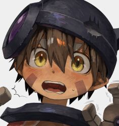 Rule 34 | 1boy, android, blush, brown eyes, brown hair, cape, collar, commentary request, damaged, facial mark, facial tattoo, fake horns, hair between eyes, helmet, highres, horned helmet, horns, looking at viewer, made in abyss, maido (gokujohoureisen), male focus, mechanical hands, metal collar, motion lines, neck, open mouth, pointy ears, portrait, red cape, regu (made in abyss), robot, simple background, slit pupils, solo, standing, tattoo, teeth, twitching, v-shaped eyebrows, white background, yellow eyes