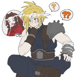 Rule 34 | 1boy, 1girl, ?, ??, aerith gainsborough, armor, asymmetrical arms, baggy pants, bandaged arm, bandages, belt, blonde hair, blue eyes, blush, boots, brown footwear, brown gloves, brown hair, closed eyes, cloud strife, curly hair, earrings, final fantasy, final fantasy vii, fingerless gloves, gloves, hair ribbon, hand on own face, highres, jacket, jewelry, leather belt, long hair, nt 26, open clothes, open jacket, open mouth, pants, pauldrons, red jacket, red ribbon, ribbon, shoulder armor, single pauldron, sleeveless, sleeveless turtleneck, smile, spiked hair, stud earrings, studded belt, suspenders, thinking, thought bubble, turtleneck