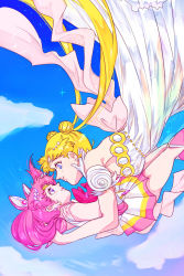 Rule 34 | 2girls, bare shoulders, bishoujo senshi sailor moon, bishoujo senshi sailor moon supers, blonde hair, blue eyes, blue sky, boots, chibi usa, circlet, cloud, cone hair bun, crescent, crescent earrings, crescent facial mark, day, double bun, dress, earrings, elbow gloves, eye contact, facial mark, falling, female focus, gloves, hair bun, hair ornament, highres, hoshiai tora, incest, jewelry, knee boots, long hair, looking at another, magical girl, miko embrace, miniskirt, mother and daughter, multicolored clothes, multicolored skirt, multiple girls, pink eyes, pink hair, pleated skirt, princess serenity, sailor chibi moon, skirt, sky, smile, sparkle, stud earrings, super sailor chibi moon, tsukino usagi, twintails, very long hair, white dress, white gloves, yuri