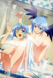 Rule 34 | 2girls, absurdres, angel of light nanael, arm support, asymmetrical wings, back scrubber, barefoot, black wings, blue hair, blush, breasts, brush, censored, cleavage, convenient censoring, dual persona, dutch angle, fallen angel nanael, feet, flying, foreshortening, green eyes, grin, hair ornament, hairclip, highres, ishibashi yukiko, legs, megami magazine, multiple girls, nanael (queen&#039;s blade), nanael (queen's blade), non-web source, nude, official art, oil, one eye closed, open mouth, queen&#039;s blade, smile, soles, time paradox, toes, washing, water, wet, white wings, wings, wink, yuri