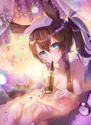 Rule 34 | 1girl, :&lt;, amiya (arknights), animal ears, apple caramel, arknights, backlighting, bathing, blue eyes, blush, breasts, bubble tea, cleavage, closed mouth, collarbone, cup, drinking straw, dutch angle, female focus, flower, hair rings, heart, heart in eye, highres, holding, holding cup, knees up, large breasts, lens flare, long hair, looking at viewer, nude, onsen, orange sky, partially submerged, rabbit ears, rabbit girl, sidelocks, sitting, sky, solo, sunlight, symbol in eye, towel, towel on head, water, water drop, wisteria