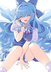 Rule 34 | 1girl, absurdres, aged up, blue bow, blue dress, blue eyes, blue hair, blue nails, blush, bow, cirno, collared shirt, commentary, dress, fairy, fingernails, hair bow, highres, ice, ice wings, long hair, looking at viewer, nail polish, open mouth, shirt, short sleeves, simple background, smile, socks, solo, touhou, tsukimirin, white background, white shirt, white socks, wings