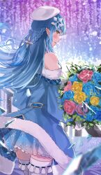Rule 34 | 1girl, absurdres, ahoge, beret, blue flower, blue hair, braid, flower, hair flower, hair ornament, haru yu, hat, heart, heart ahoge, highres, hololive, long hair, pink flower, pointy ears, single braid, smile, solo, thighhighs, virtual youtuber, white hat, white thighhighs, yellow eyes, yellow flower, yukihana lamy
