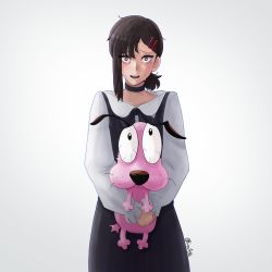 Rule 34 | 1girl, absurdres, animal, black dress, black hair, brown eyes, chainsaw man, choker, courage (character), courage the cowardly dog, dog, dress, hair ornament, hairclip, higashiyama kobeni, highres, holding, holding animal, holding dog, kanpaithighs, long sleeves, looking at viewer, medium hair, purple fur, shirt, side ponytail, simple background, single sidelock, sweat, trait connection, white background, white shirt