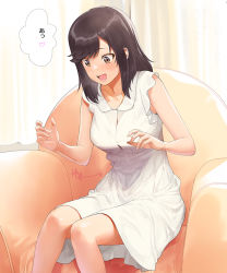 Rule 34 | 1girl, a1 (initial-g), bare shoulders, bow, breasts, brown eyes, brown hair, button gap, collared dress, commentary request, couch, dress, dress bow, heart, ichijou hotaru, knees together feet apart, lower teeth only, medium breasts, non non biyori, open mouth, sitting, sleeveless, sleeveless dress, smile, solo, speech bubble, spoken heart, sweatdrop, swept bangs, teeth, twitter username, white dress