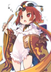 Rule 34 | 1girl, apron, benienma (fate), black shorts, brown eyes, brown hair, brown kimono, commentary request, fang, fate/grand order, fate (series), grey outline, hat, highres, holding, holding spoon, japanese clothes, kimono, long hair, long sleeves, low ponytail, open mouth, outline, parted bangs, ponytail, red hat, shamoji, short shorts, shorts, sleeves past wrists, solo, spoon, translation request, v-shaped eyebrows, very long hair, white apron, white background, wide sleeves, zizi niisan