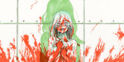 Rule 34 | 1girl, absurdres, bare arms, blood, blood in hair, blood on arm, blood on clothes, blood on face, blood on hands, blood on wall, blood splatter, bloody handprints, camisole, closed eyes, clutching chest, collarbone, commentary request, crying, handprint, hands up, highres, huge filesize, long hair, open mouth, original, shadow, shiki haru, solo, teeth, upper body, white camisole