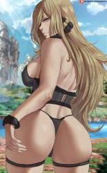 Rule 34 | 1girl, ass, black panties, blonde hair, breasts, brown eyes, cowboy shot, creatures (company), cynthia (pokemon), from behind, game freak, grass, hair over one eye, highres, large breasts, long hair, looking at viewer, looking back, nintendo, panties, pokemon, pokemon dppt, river, shexyo, skindentation, solo, standing, sunlight, thighs, thong, underwear