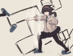 Rule 34 | 1girl, ahoge, text background, bad id, bad pixiv id, black pantyhose, black skirt, blue footwear, brown background, brown cardigan, brown hair, brown hairband, cardigan, clenched hands, collared shirt, commentary request, green neckwear, hairband, long hair, long sleeves, motion blur, natsuki teru, necktie, original, out of frame, outstretched arm, pantyhose, pleated skirt, punching, shikibe ayaka, shirt, short hair with long locks, sidelocks, simple background, skirt, sleeves past wrists, slippers, solo focus, standing, white shirt