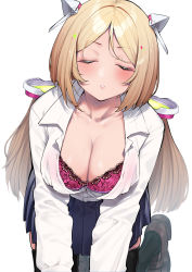 Rule 34 | 1girl, aki rosenthal, black thighhighs, blonde hair, blue skirt, blush, bra, breasts, cleavage, closed mouth, collarbone, collared shirt, detached hair, headgear, highres, hololive, lace, lace-trimmed bra, lace trim, large breasts, leaning forward, long sleeves, low twintails, mikan (chipstar182), open clothes, open shirt, parted bangs, parted lips, pink bra, pleated skirt, school uniform, shirt, short hair, simple background, skirt, solo, thighhighs, twintails, underwear, virtual youtuber, white background, white shirt